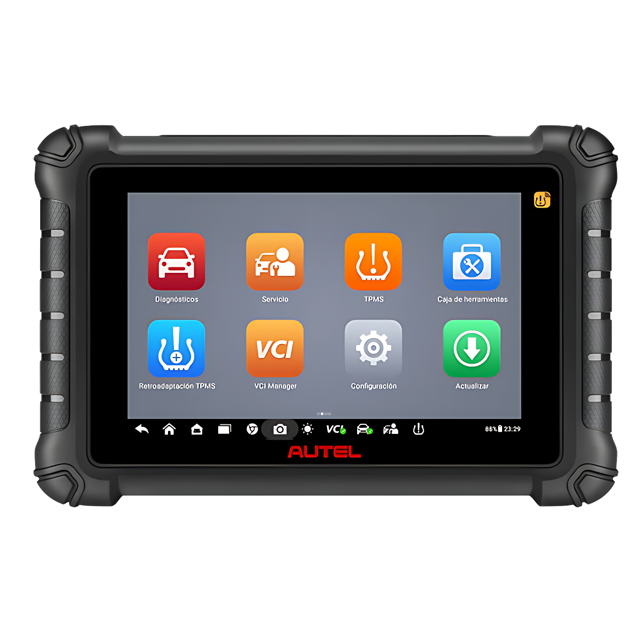 Tablet Autel MaxiDAS DS900TS con menú principal de diagnóstico, TPMS y configuración. Ideal para talleres automotrices profesionales.