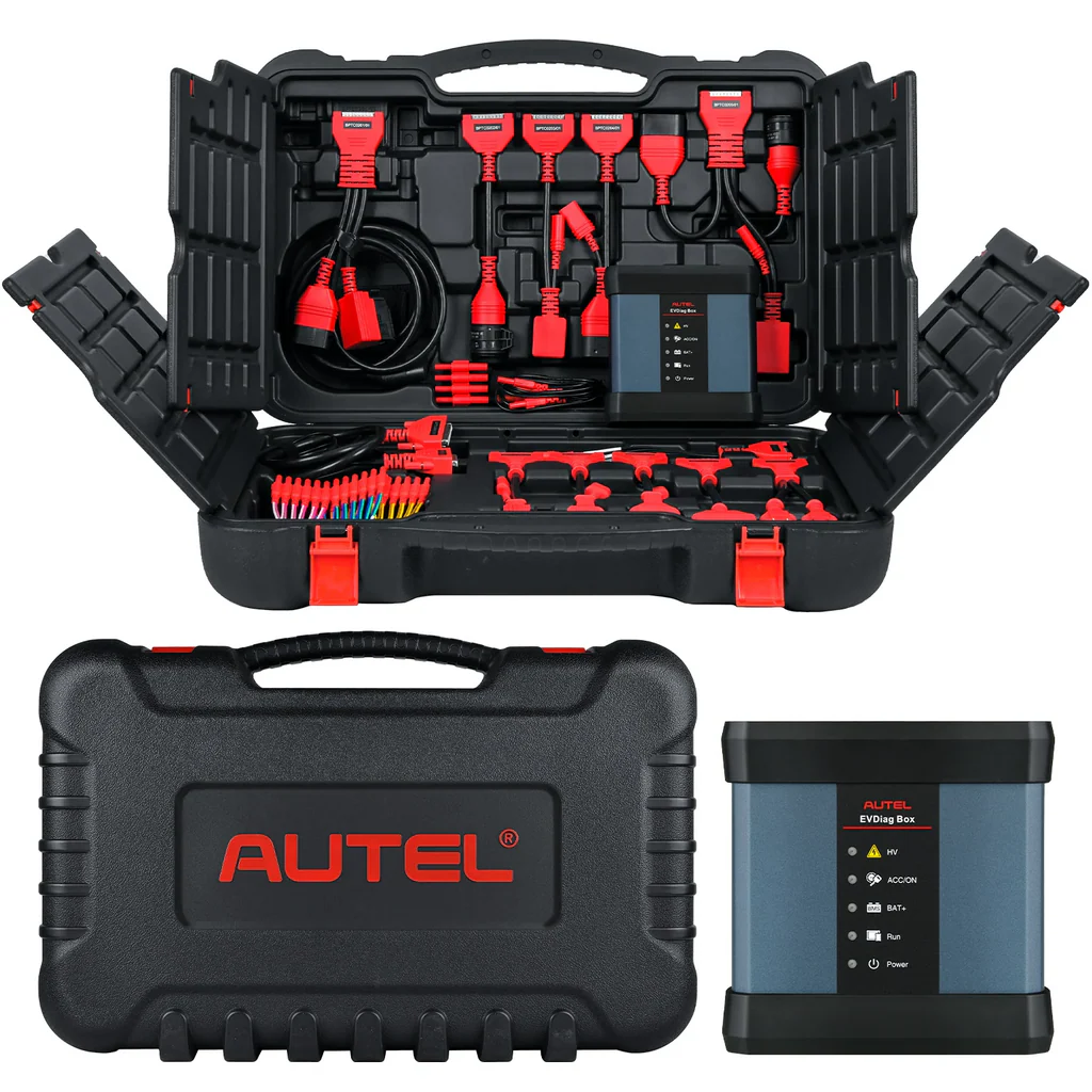 Kit Autel EV Diagnostics Upgrade con EVDiag Box y adaptadores Tesla, BMW y VW para diagnóstico de vehículos eléctricos.
