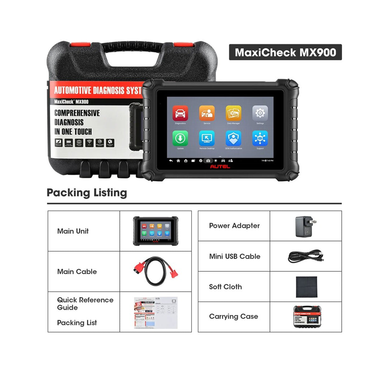 Kit completo Autel MaxiCheck MX900 escáner automotriz con caja de transporte, cables OBDII, adaptadores, cargador y accesorios originales.