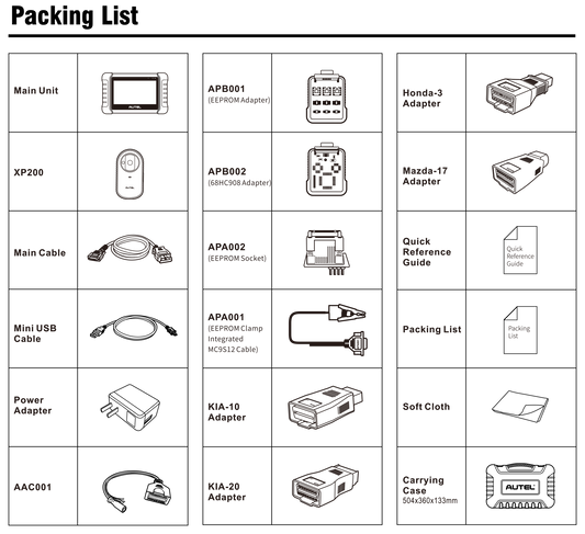 Contenido del paquete Autel MaxiIM IM508S: tablet de diagnóstico, programador XP200, adaptadores OBD, cables, conectores, guías rápidas y maletín de transporte. Completo para programación de llaves y diagnóstico avanzado.