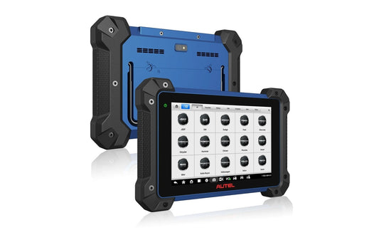 Tablet Android 10 Autel MaxiIM IM608 PRO II con pantalla Full HD de 10.1 pulgadas, vista frontal y trasera en diseño azul robusto para diagnóstico y programación.