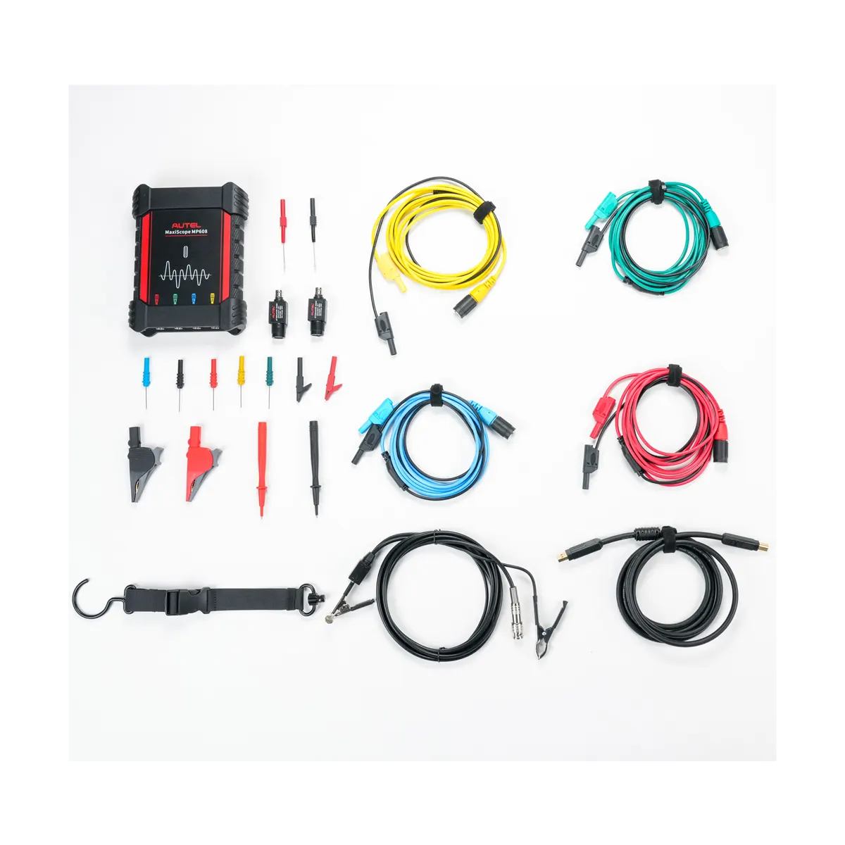 Kit Autel MaxiScope MP608 con accesorios, cables y puntas de prueba para diagnóstico eléctrico automotriz con osciloscopio de 4 canales