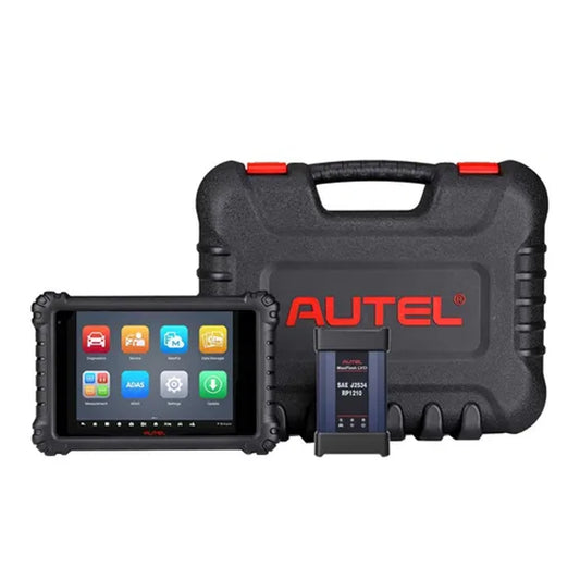 Kit completo Autel MaxiSys 908 S3 escáner automotriz profesional con tablet de 10.1 pulgadas, módulo VCI J2534 y maleta de transporte robusta.