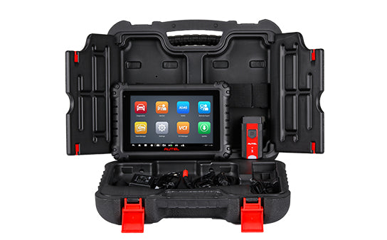 Autel MaxiSYS MS906 Pro en maletín abierto con interfaz MaxiVCI y cables incluidos. Escáner OBDII bidireccional con más de 40 funciones de servicio y compatibilidad ADAS.