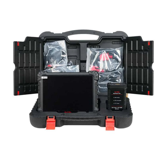 Kit completo Autel MaxiSys MS909 S2 con tableta de diagnóstico, módulo VCI2, cables OBD y adaptadores en maletín resistente para talleres profesionales.