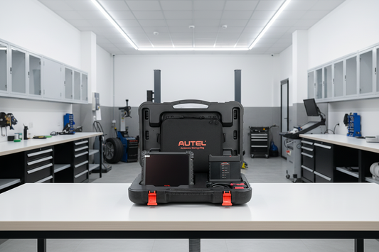 Kit Autel MaxiSys MS919S2 en maleta abierta dentro de taller con tablet 11” y MaxiFlash VCMI2 para diagnóstico, programación y medición