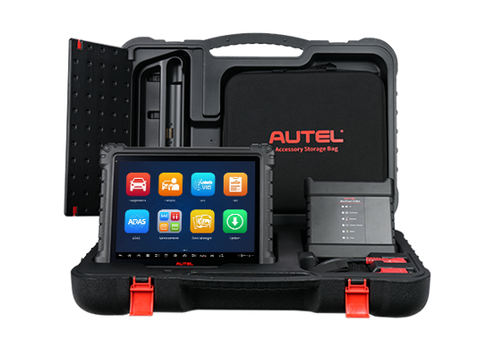 Kit completo Autel MaxiSys Ultra S2 con tablet de diagnóstico, interfaz VCMI2 y accesorios organizados en maletín profesional.
