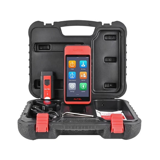 Kit completo Autel MaxiTPMS ITS600 para diagnóstico y servicio TPMS, incluye tableta Android, módulo TPMS, cables OBD y estuche de transporte, ideal para talleres profesionales.