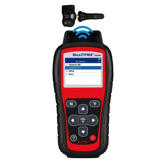 Autel MaxiTPMS TS508WF para diagnóstico y programación de sensores TPMS, incluye conectividad Wi-Fi para actualizaciones inmediatas y funciones de reaprendizaje paso a paso.