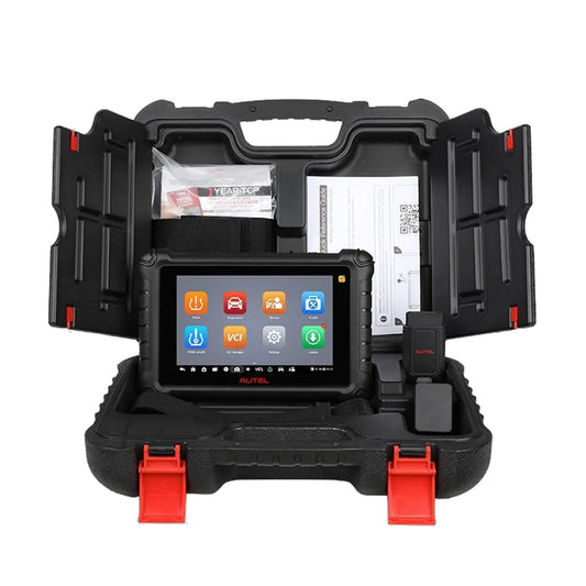 Kit completo Autel MaxiTPMS TS900, incluye tableta Android, módulo VCI, cables OBD y maletín de transporte, solución integral para diagnóstico automotriz y programación de sensores TPMS.