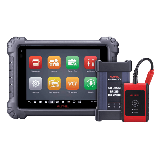 Escáner automotriz Autel MaxiSYS MS909 CV con tableta de diagnóstico Android, interfaz MaxiFlash VCI y accesorios incluidos para vehículos comerciales y diésel.