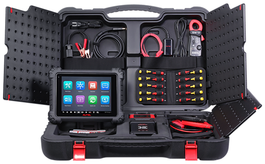 Kit completo Autel MaxiSYS MS909 CV con tableta, interfaz VCI, multímetro, pinzas de amperaje, cables OBD y estuche rígido organizado para taller profesional.