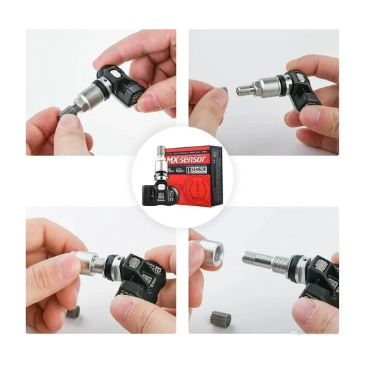 Autel MX-Sensor TPMS con vástago intercambiable en proceso de instalación, sensor programable universal compatible con herramientas Autel TS408, TS508, ITS600 y TS900.