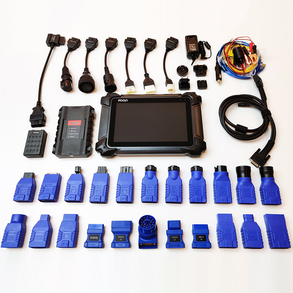 Kit completo FCAR F7S-G con tablet, módulo VCI y adaptadores para diagnóstico profesional multimarca en camiones, buses y maquinaria pesada.