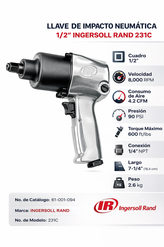 Ficha técnica Ingersoll Rand 231C llave de impacto neumática 1/2 con 8,000 RPM, 600 ft/lb, 90 PSI y consumo de aire 4.2 CFM