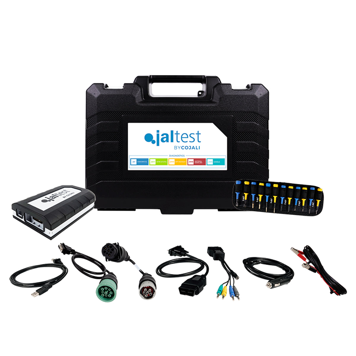 Kit Jaltest CV para diagnóstico multimarca de camiones, autobuses y remolques. Incluye interfaz Jaltest Link V9, maletín rígido y paquete de cables para conexión y calibraciones profesionales en vehículos comerciales.