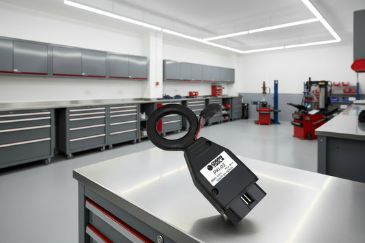 Javaz PKI-02 probador Línea K y antena de inmovilizador sobre mesa en taller automotriz