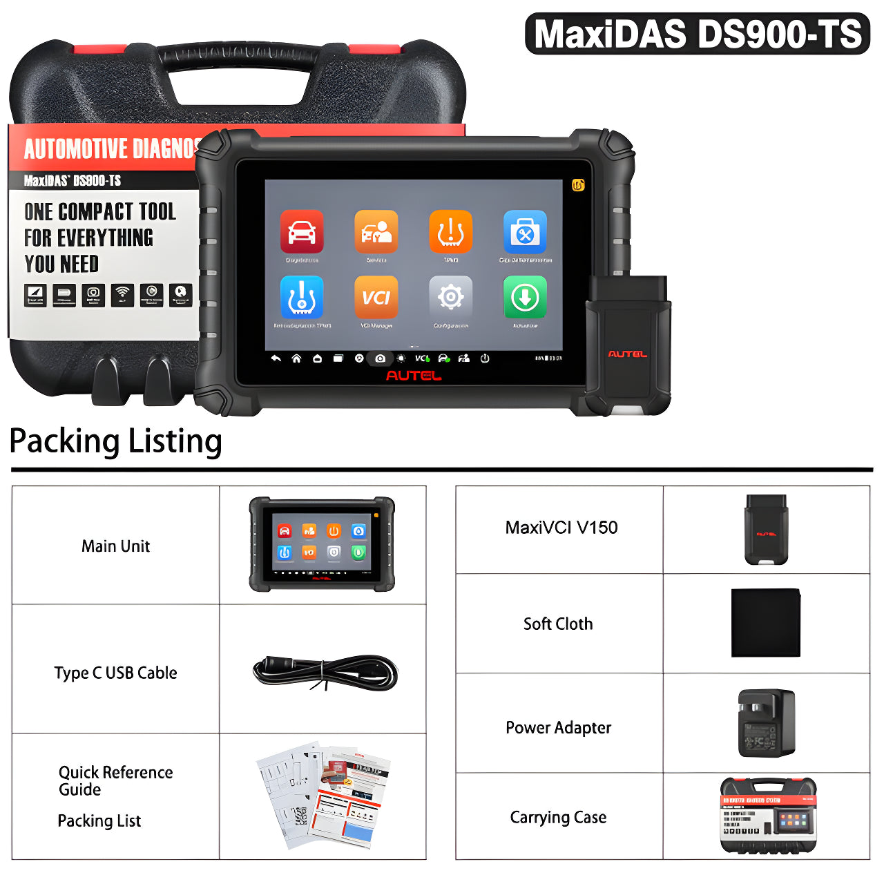 Kit completo Autel DS900TS con maletín, MaxiVCI V150, cable USB-C y accesorios. Escáner con TPMS y diagnóstico avanzado.