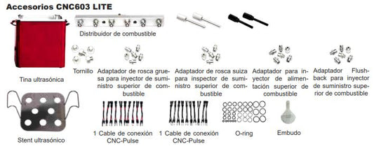 Accesorios del Launch CNC603 Lite: tina ultrasónica, distribuidores de combustible, adaptadores, conectores CNC-Pulse, O-rings y embudo. Kit completo para limpieza y prueba de inyectores automotrices.