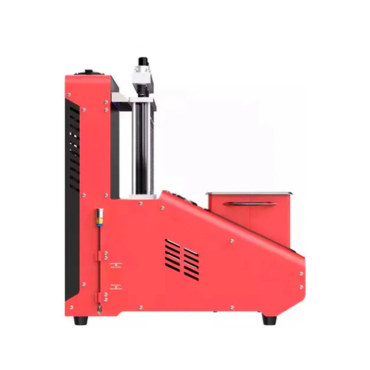 Vista lateral del Launch CNC605A, equipo compacto de limpieza y prueba de inyectores con gabinete rojo, estructura robusta y ventilación lateral para uso intensivo en talleres mecánicos.