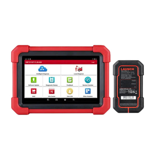 Escáner automotriz Launch Creader Professional 919 MAX con pantalla de 7 pulgadas mostrando menú principal y módulo OBD2, compatible con 110 marcas y protocolos CAN-FD / DoIP.
