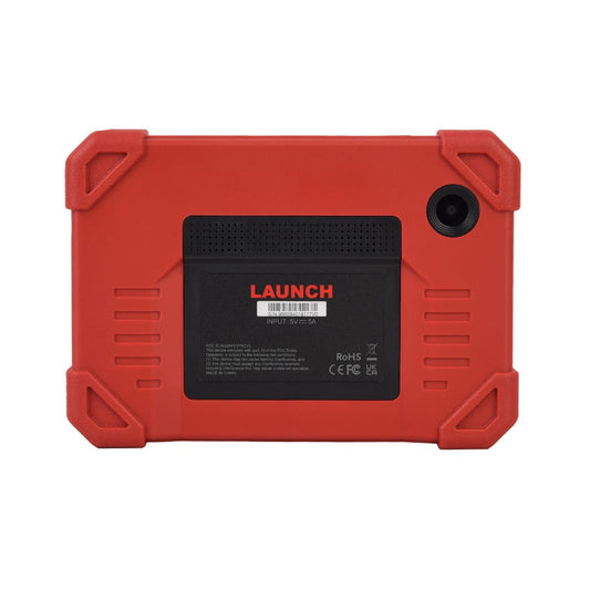 Vista trasera del escáner automotriz Launch Creader Professional 919 MAX en color rojo, diseño robusto con cámara integrada y cubierta resistente para uso intensivo en talleres.