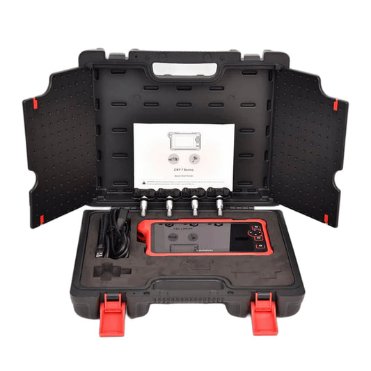 Kit completo del escáner TPMS Launch CRT-711, incluye tablet Android de 7 pulgadas, cable OBD, sensores, cargador y maletín de transporte para uso profesional en talleres.