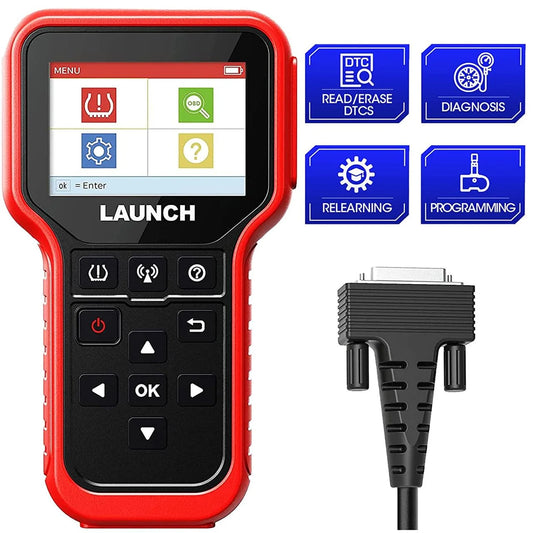 Launch CRT511E herramienta TPMS profesional con pantalla a color de 3.5 pulgadas. Compatible con sensores 315/433 MHz, reprogramación ilimitada, diagnóstico de presión, temperatura y estado de batería, con funciones OBDII/EOBD integradas.