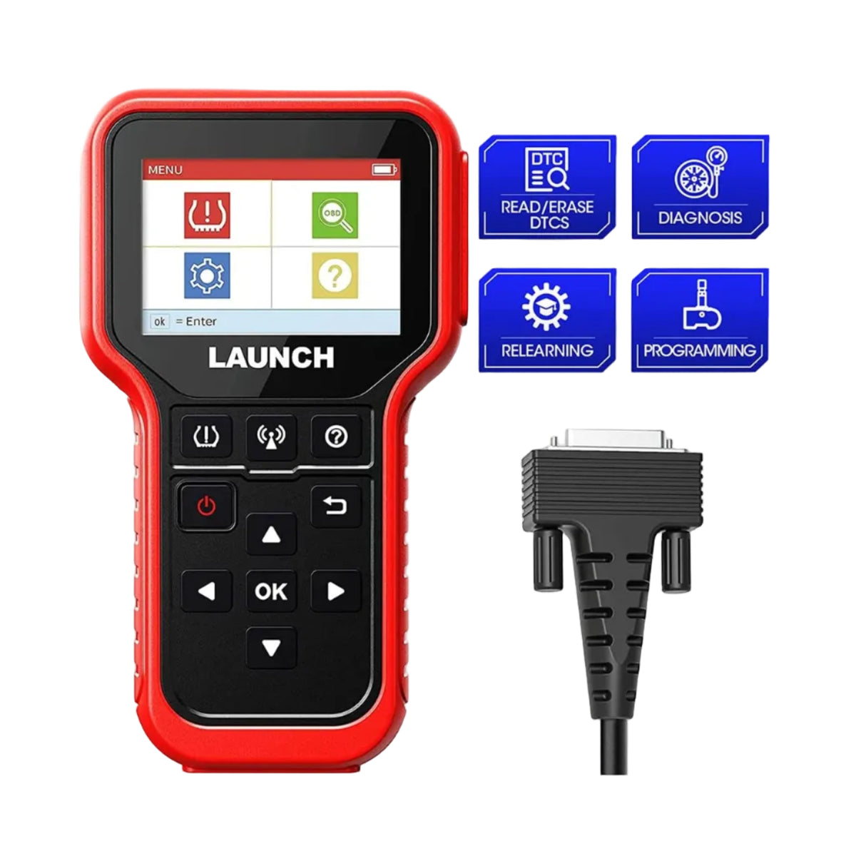 Launch CRT511E herramienta TPMS profesional con pantalla a color de 3.5 pulgadas. Compatible con sensores 315/433 MHz, reprogramación ilimitada, diagnóstico de presión, temperatura y estado de batería, con funciones OBDII/EOBD integradas.