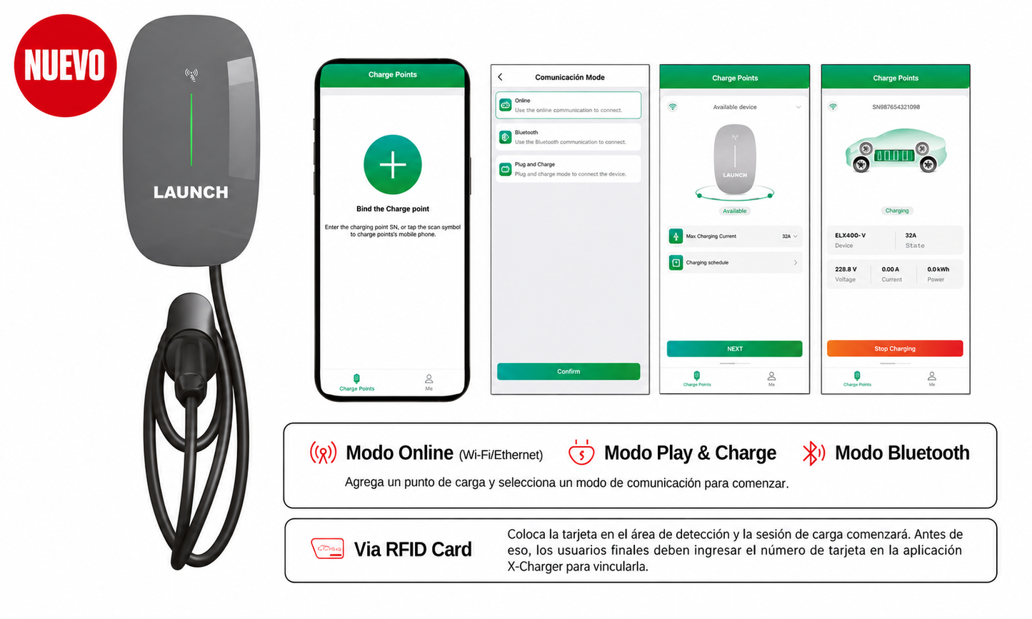 LAUNCH ECS-022E cargador EV de 22 kW con app X-Charger, RFID, modo Bluetooth, Plug and Charge, WiFi Ethernet y soporte OCPP 1.6 JSON