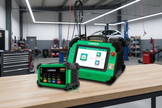 LAUNCH EVB624 ecualizador inalámbrico de celdas EV en banco de trabajo de taller con módulo conectado
