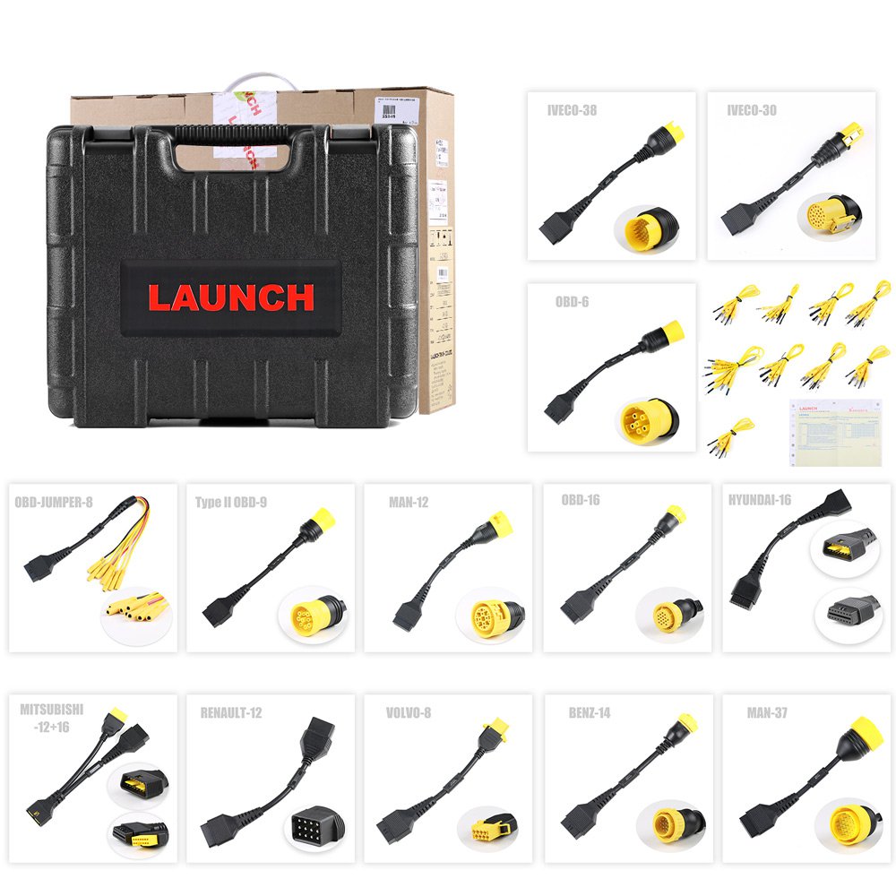 Kit LAUNCH Heavy Duty Box Adapter con conectores OBD1 para diagnóstico profesional en camiones diésel, maquinaria pesada, agrícola e industrial