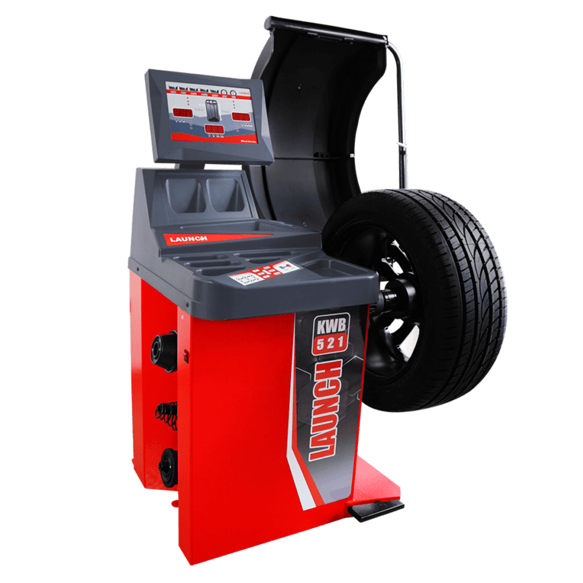 Balanceadora de llantas Launch KWB-521 con sistema automático de medición de ancho, diámetro y distancia, precisión de ±1 g, posicionamiento láser y freno automático, diseñada para talleres profesionales.