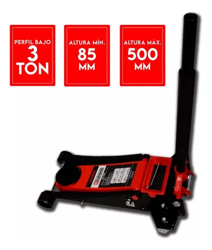 Launch LH330 gato hidráulico de 3 toneladas con perfil bajo de 85 mm a 500 mm de altura. Estructura de acero reforzado, ruedas de acero, bandeja magnética y mango con funda protectora para uso profesional en talleres.