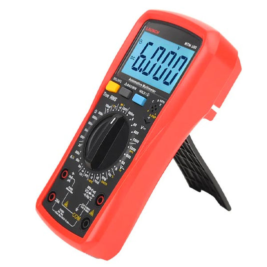Launch MTM-100 multímetro automotriz digital True RMS con soporte trasero desplegable. Equipo de precisión para pruebas eléctricas en autos, lectura clara en pantalla LCD retroiluminada y protección contra sobrecarga.