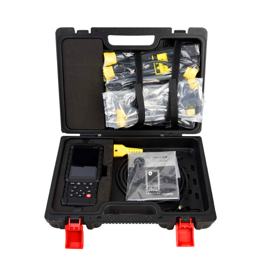 Kit del escáner Launch Pilot Heavy Duty con estuche rígido, cables OBD y conectores HD incluidos, diseñado para diagnóstico de camiones y vehículos pesados.