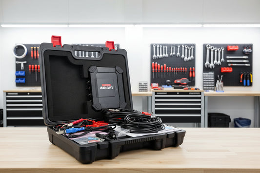 Maleta del LAUNCH Scopebox O2-2 en taller con módulo y accesorios sobre mesa; osciloscopio automotriz 4 canales 100 MHz para diagnóstico eléctrico y captura de forma de onda