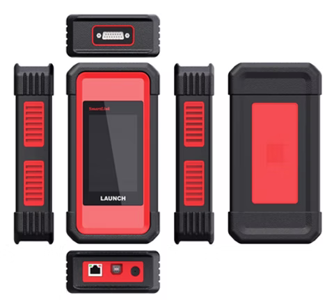 Launch SmartLink HD módulo principal rojo y negro, vistas frontal y laterales. Equipo de diagnóstico pesado con conectividad Wi-Fi, Bluetooth, USB y Ethernet, diseñado para camiones, autobuses y maquinaria.