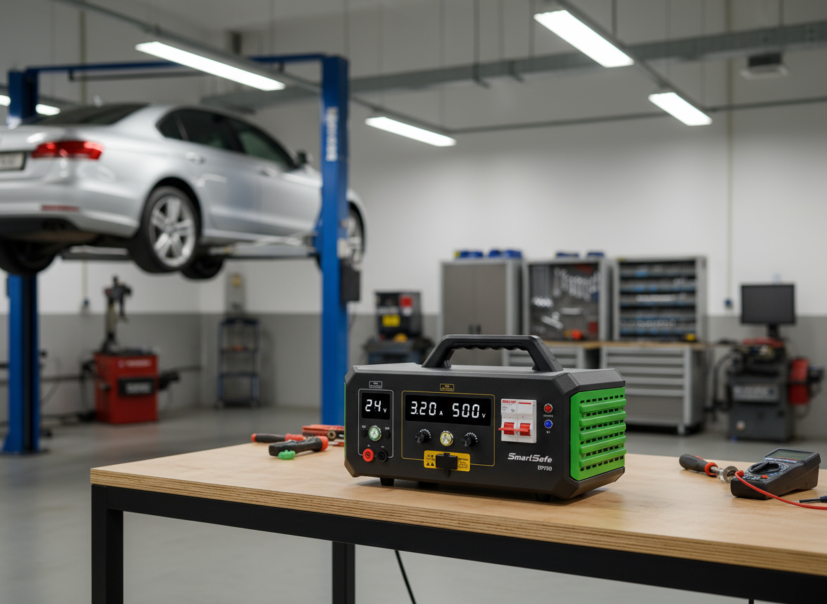 Fuente de alimentación Launch SmartSafe iSmartEV DP750 con salida dual 12V 24V y alto voltaje 750V para diagnóstico de vehículos eléctricos.