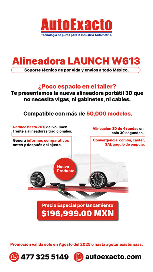 Promoción oficial de la alineadora LAUNCH WA613, compatible con más de 50,000 modelos. Incluye funciones de alineación 3D completa en 30 segundos, parámetros de convergencia, camber, caster, SAI y ángulo de empuje. Precio especial de lanzamiento $196,999 MXN.