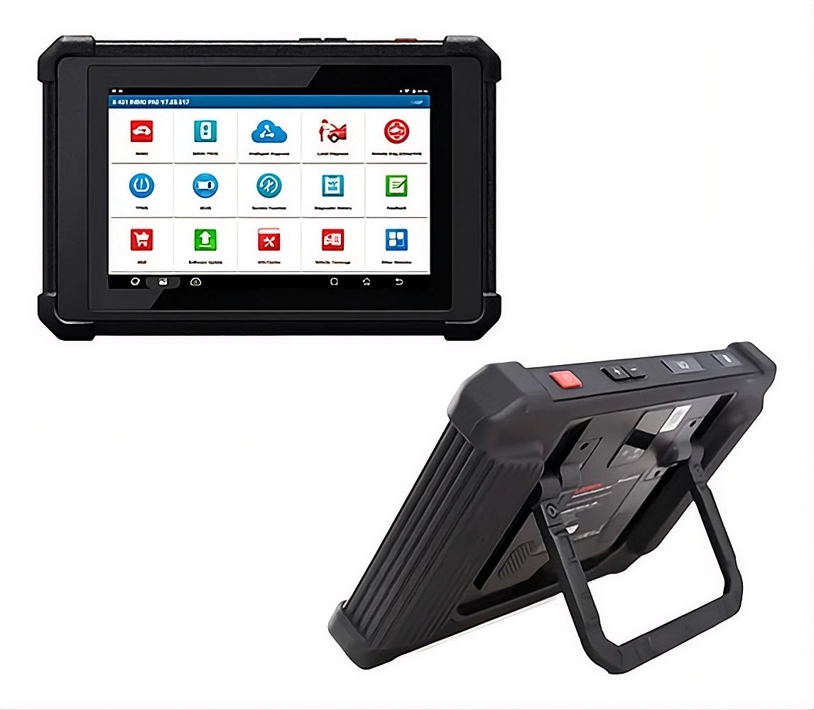 Tablet LAUNCH X-431 IMMO PAD 10.1 pulgadas con soporte trasero, diseñada para programación IMMO, lectura EEPROM y trabajo con MCU en cerrajería automotriz.