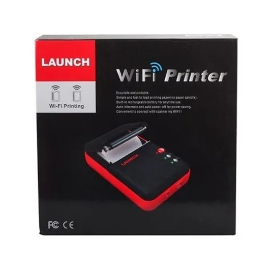 Caja de la impresora portátil Launch X-431 WiFi Printer en color negro y rojo, diseño compacto y compatible con escáneres automotrices Launch, impresión térmica rápida y sin tinta.