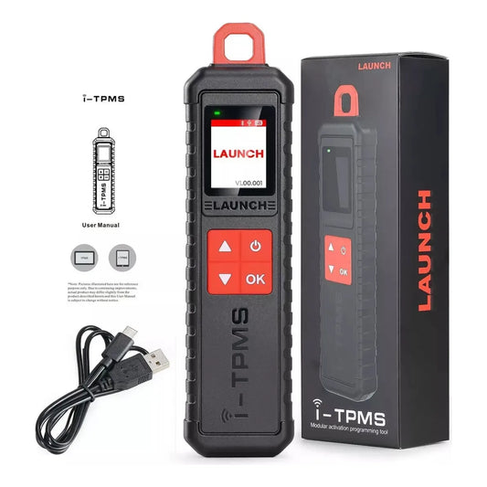 Kit completo Launch X-431 i-TPMS con herramienta TPMS, cable USB y manual de usuario. Permite activar, programar, clonar ID y reaprender sensores TPMS de forma autónoma o vinculada a escáneres X-431.