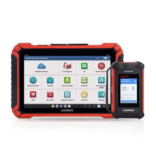 Escáner automotriz profesional Launch X431 PAD IX con pantalla Android 13 mostrando menú principal y módulo SmartLink C V3.0, compatible con diagnóstico avanzado y programación de ECU.