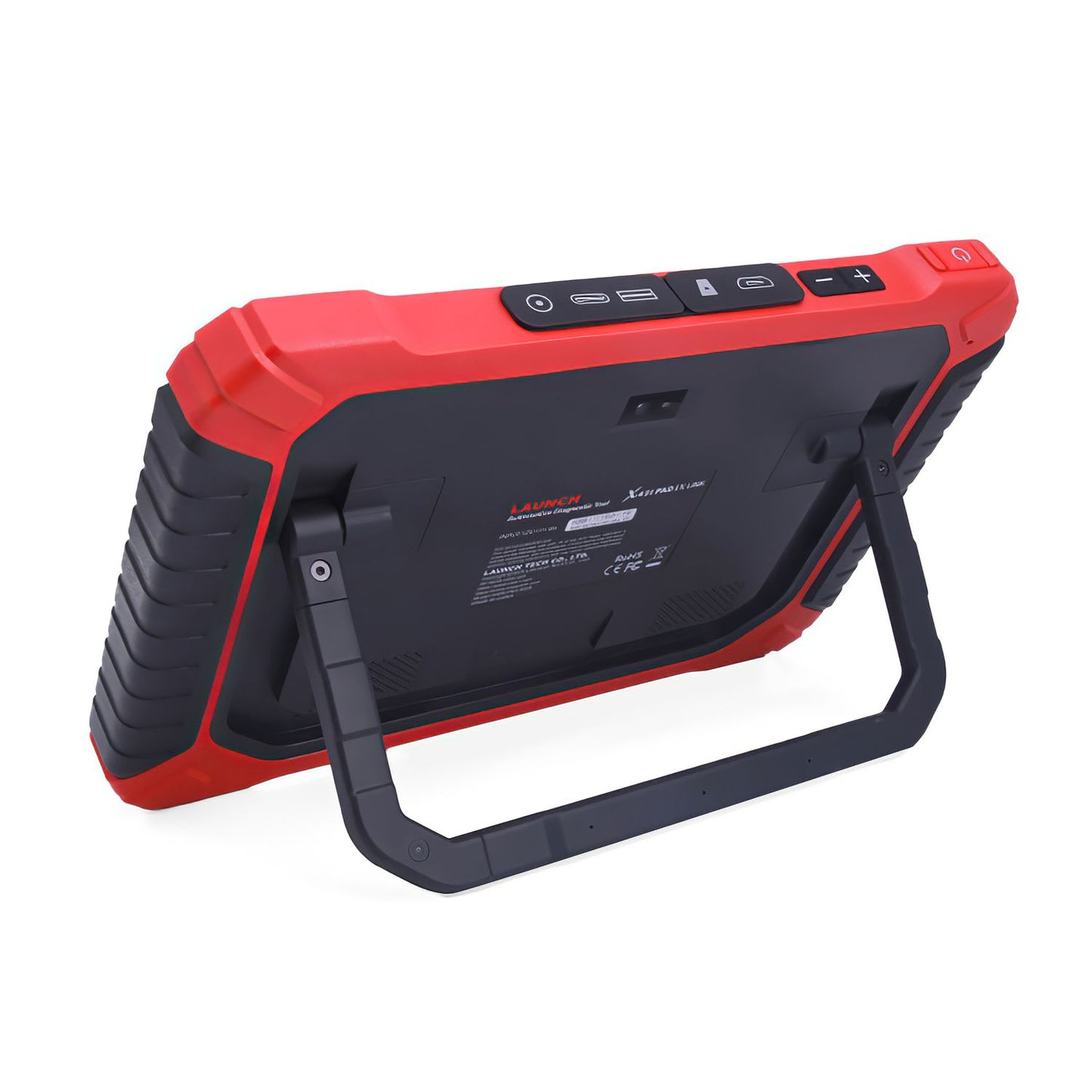 Parte trasera del escáner automotriz Launch X431 PAD IX, diseño resistente con puertos múltiples y cámara integrada, pensado para diagnóstico de autos, híbridos, eléctricos y camiones.