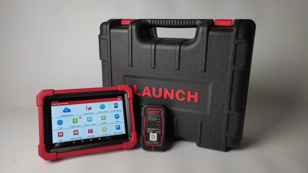 Kit completo Launch X431 PRO V5 escáner automotriz profesional, incluye tablet Android 10, módulo DBScar VII y maletín de transporte original para talleres multimarca.