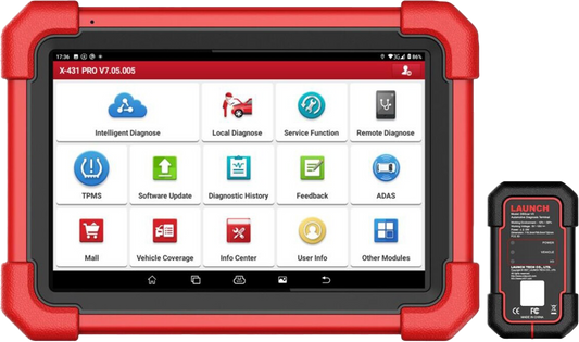 Escáner automotriz Launch X431 PRO V5 con diagnóstico multimarca, tablet de 8 pulgadas mostrando menú principal y módulo DBScar VII compatible con protocolos CAN FD y DoIP.
