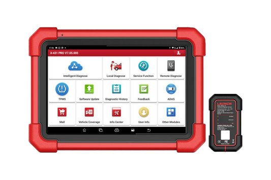 Escáner automotriz Launch X431 PRO V5 con diagnóstico multimarca, tablet de 8 pulgadas mostrando menú principal y módulo DBScar VII compatible con protocolos CAN FD y DoIP.