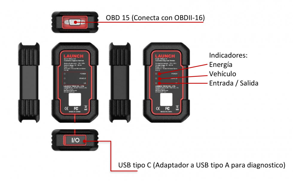 Módulo DBScar VII del Launch X431 PRO V5 para diagnóstico OBD2, con conectividad USB tipo C y soporte avanzado para protocolos modernos CAN, CAN FD y DoIP.