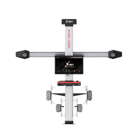 Alineadora 3D LAUNCH X-861 L con sistema fijo, estructura robusta y dianas pasivas sin mantenimiento, incluye pantalla de 19 pulgadas y software de medición de alta precisión para talleres profesionales.